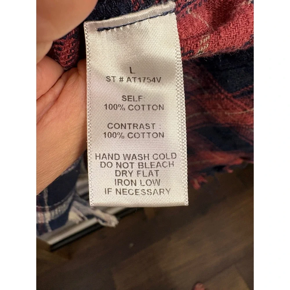 A.Peach Womens Colorblock Plaid Flannel Distressed Frayed Hem Shirt Large - Picture 6 of 8